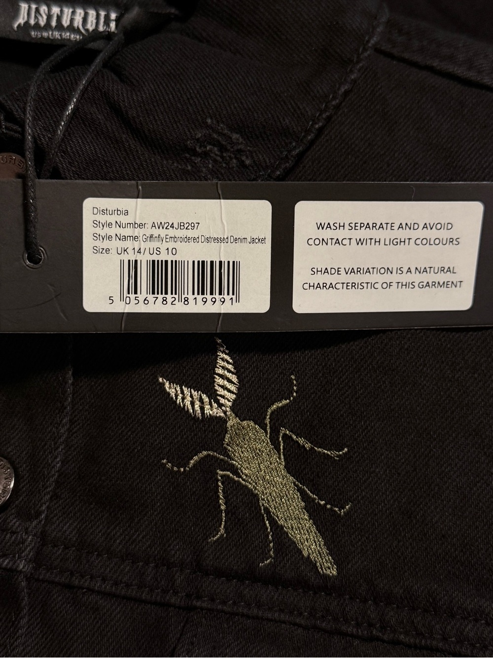 NWT Disturbia Griffinfly Embroidered Distressed Black Denim Jacket US10 sold out - Picture 11 of 13